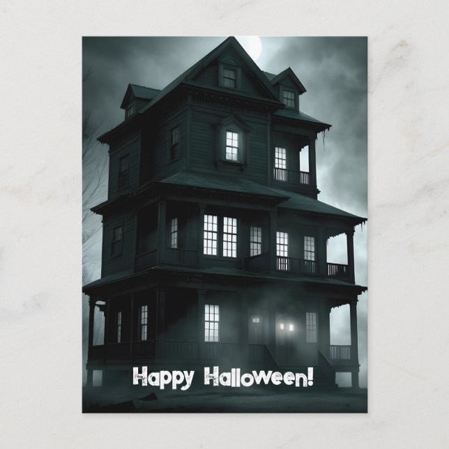 Creepy, Black and White Haunted House Halloween Postcard (Front)