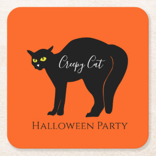 Creepy Black Cat Halloween Square Paper Coaster
