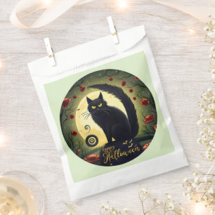 Creepy Black Cat Light Green Happy Halloween Favour Bag