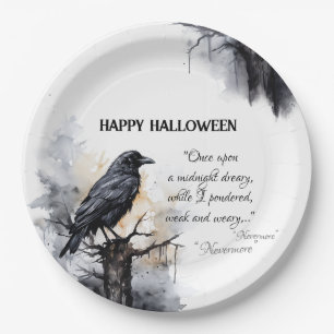 Creepy Black Raven Halloween Paper Plate