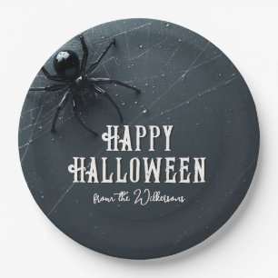 Creepy Black Spider and Web Halloween Party Paper Plate