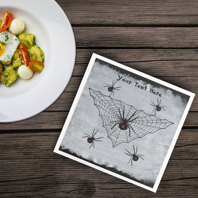 Creepy Black Widow Spiders in Web Ragged White Napkin (Creepy black widow spiders in web on ragged black and white painted look Halloween paper napkins.)