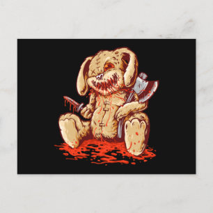 Creepy bloody rabbit doll carrying postcard