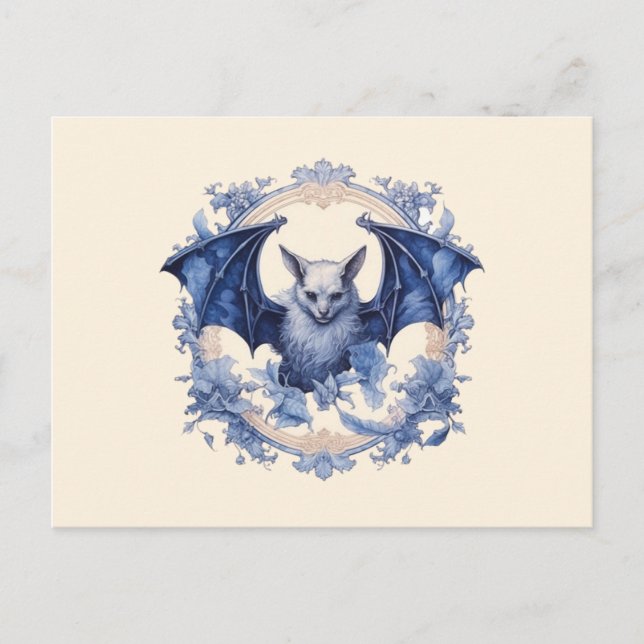 Creepy Blue and Black Bat Halloween Holiday Postcard (Front)