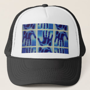 creepy blue hand trucker hat
