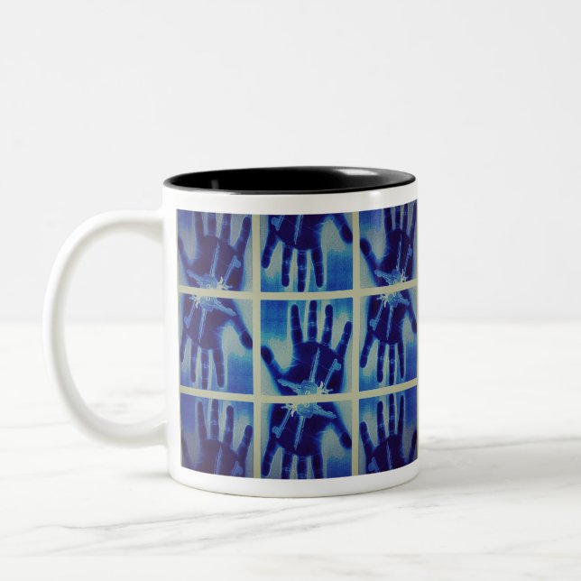 creepy blue hand Two-Tone coffee mug (Left)