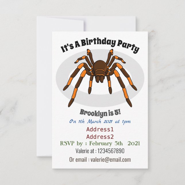 Creepy brown and orange tarantula spider cartoon invitation (Front)