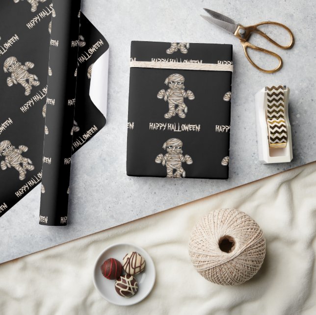 Creepy Cartoon Mummy Pattern Happy Halloween Text Wrapping Paper (Crafts)