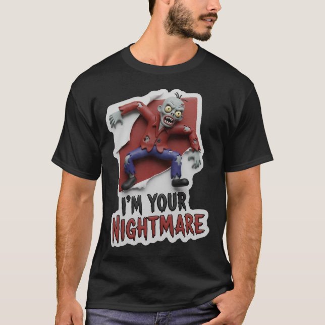 Creepy cartoon zombie with nightmare text T-Shirt (Front)