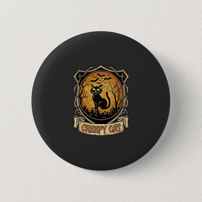 Creepy Cat Halloween Black Graveyard Bats 2 Inch Round Button (Front)