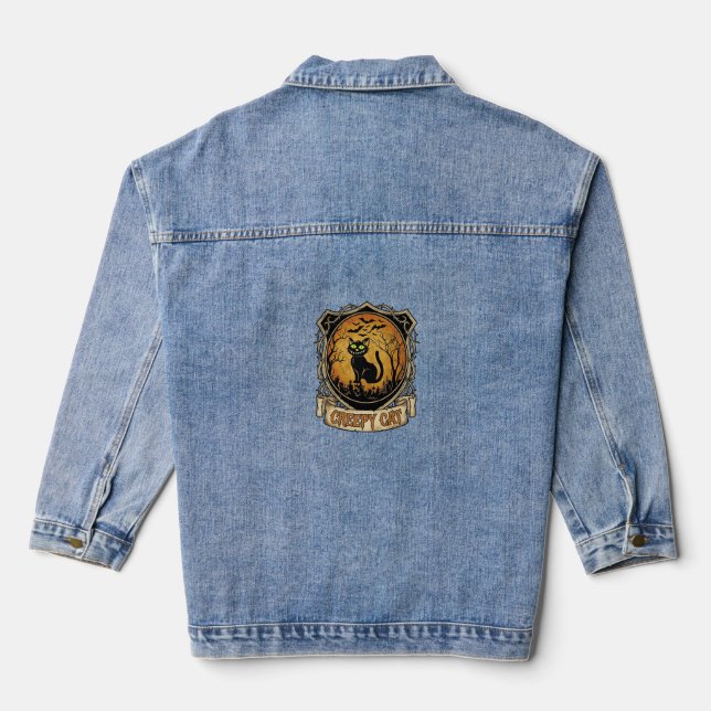 Creepy Cat Halloween Black Graveyard Bats Denim Jacket (Back)