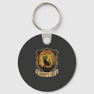 Creepy Cat Halloween Black Graveyard Bats Keychain