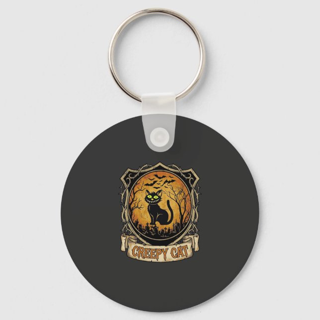 Creepy Cat Halloween Black Graveyard Bats Keychain (Front)
