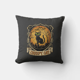 Creepy Cat Halloween Black Graveyard Bats Throw Pillow