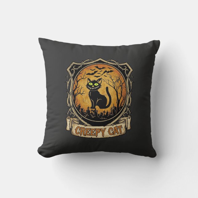 Creepy Cat Halloween Black Graveyard Bats Throw Pillow (Front)