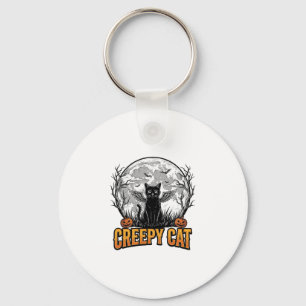 Creepy Cat Halloween Vintage Engraving Design_1 Keychain