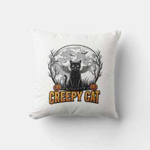 Creepy Cat Halloween Vintage Engraving Design_1 Throw Pillow