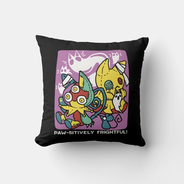 Creepy Cats Halloween Art: Paw-sitively Frightful Throw Pillow (Front)