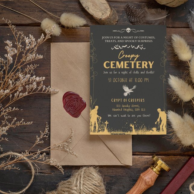 Creepy Cemetery Black and Gold Invitation (Creepy Cemetery Black and Gold Invitation Cover from The Beekeeper Store)