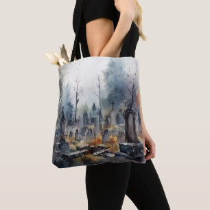 Creepy Cemetery Graveyard Graves Crosses Halloween Tote Bag