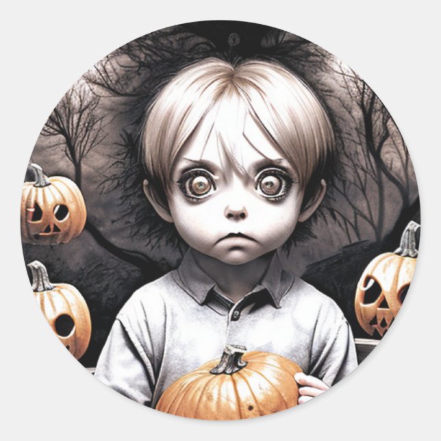 Creepy Chibi  Boy with Pumpkin Halloween Classic Round Sticker (Front)