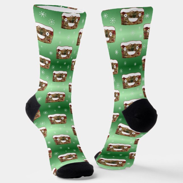 Creepy Christmas Fruitcake Pattern Green Socks (Angled)