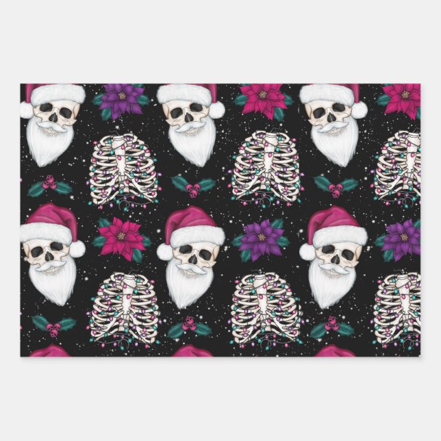 Creepy Christmas Santa Skulls and Skeletons Wrapping Paper Sheet (Front)