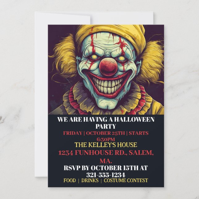 Creepy Clown Happy Halloween Party Invitations (Front)