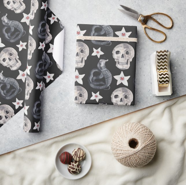 Creepy Cobra Snake Skull Flower Black Wrapping Paper (Crafts)