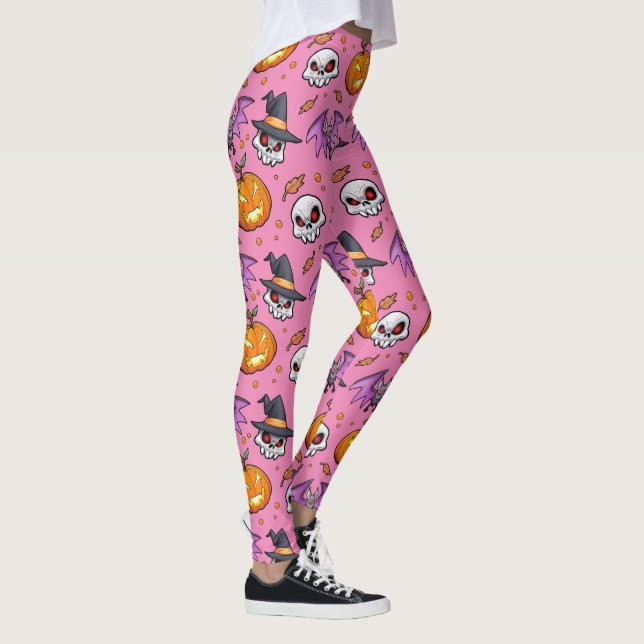 Creepy Cool Cartoon Halloween (Pink) Leggings (Right)
