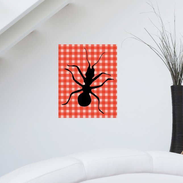 Creepy Crawly Ant Plaid Tablecloth Original Art Poster (Big black ant on picnic tablecloth red white plaid pattern on wall art poster.)