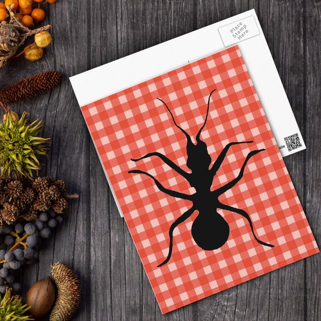 Creepy Crawly Ants Plaid Tablecloth Postcard (Big black ant on tablecloth red and white plaid postcard.)