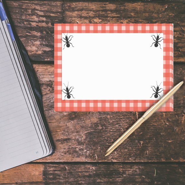 Creepy Crawly Marching Black Ant Plaid Tablecloth Post-it Notes (Black Ants with red white checker picnic tablecloth plaid on white post it notes.)