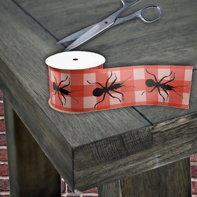 Creepy Crawly Marching Black Ant Plaid Tablecloth Satin Ribbon (Wide ribbon in red and white plaid with big black crawling ants.)
