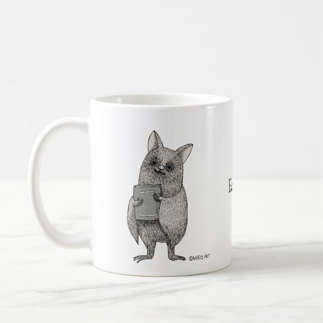 Creepy Cute Bat with Book Macabre Art Custom name Coffee Mug (Left)