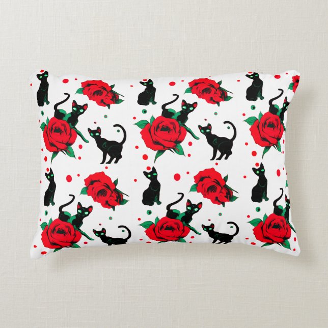 Creepy Cute Black Cats Red Roses Pattern Accent Pillow (Front)