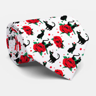 Creepy Cute Black Cats Red Roses Pattern Tie