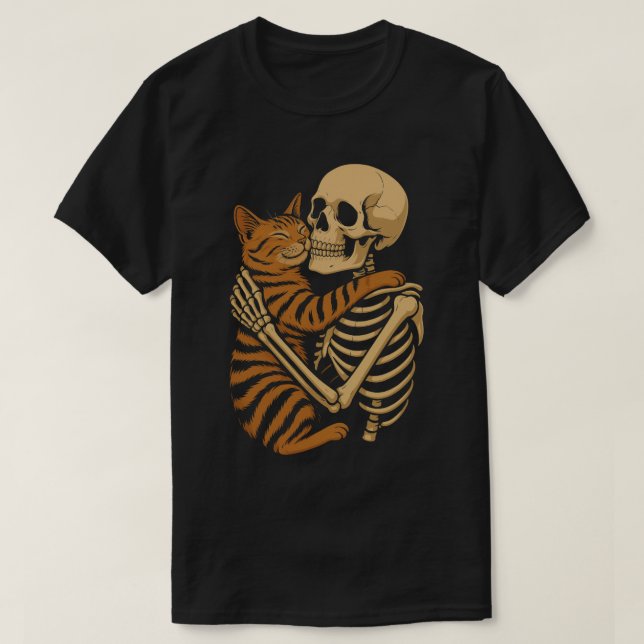 Creepy Cute Cat – Skeleton Hugging Kitty Art T-Shirt (Design Front)