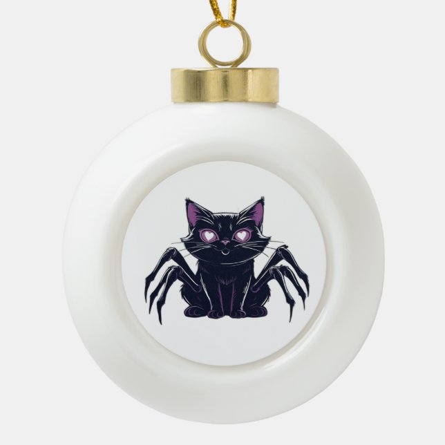 Creepy Cute Cat – Spider Legs & Heart Eyes Classic Ceramic Ball Christmas Ornament (Front)