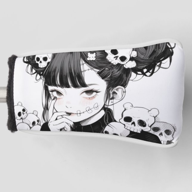 Creepy Cute Goth Manga Syle Skulls and Anime Girl Golf Head Cover (Front)