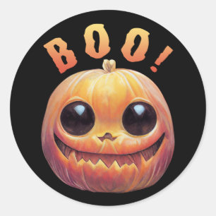 Creepy Cute Halloween Pumpkin Head Saying Boo Classic Round Sticker