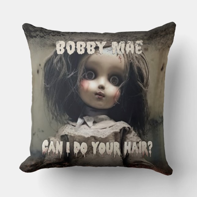 Creepy Cute Haunted Doll Throw Pillow (Front)