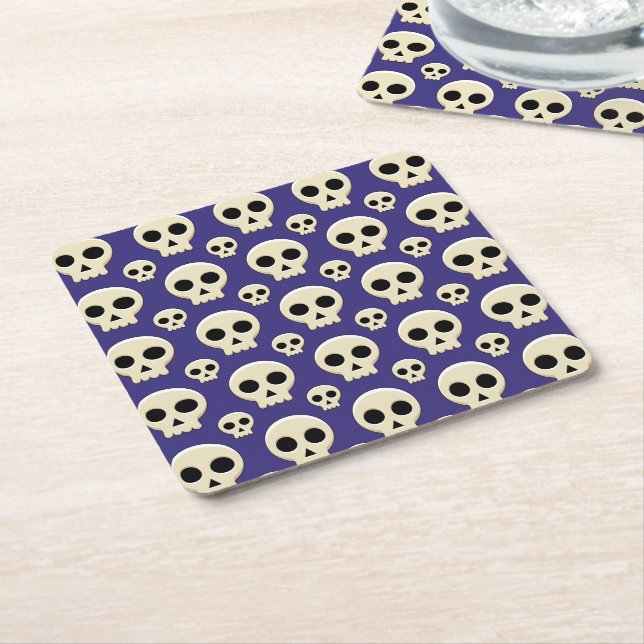 Creepy Cute Kawaii Goth Skull Pattern Square Paper Coaster (Angled)