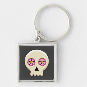 Creepy Cute Kawaii Goth Skull with Flowers Keychain