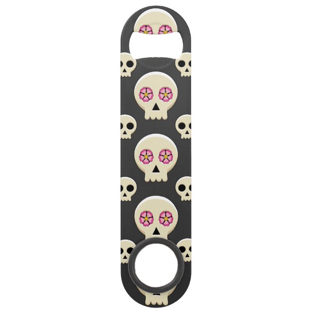 Creepy Cute Kawaii Goth Skull with Flowers Pattern Bar Key (Front)