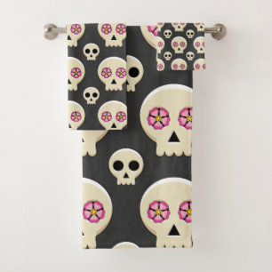 Creepy Cute Kawaii Goth Skull with Flowers Pattern Bath Towel Set