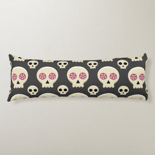 Creepy Cute Kawaii Goth Skull with Flowers Pattern Body Pillow