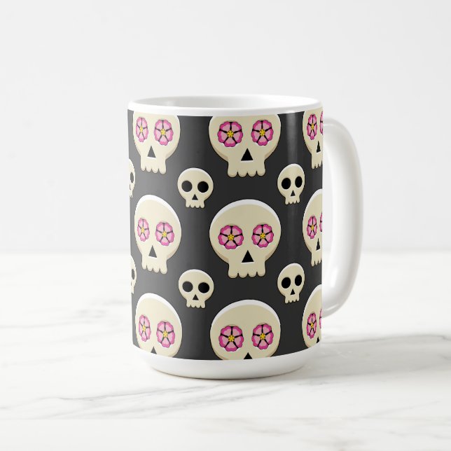 Creepy Cute Kawaii Goth Skull with Flowers Pattern Coffee Mug (Front Right)