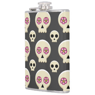 Creepy Cute Kawaii Goth Skull with Flowers Pattern Hip Flask