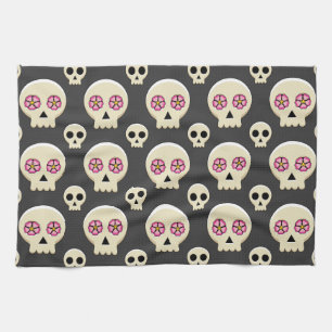 Creepy Cute Kawaii Goth Skull with Flowers Pattern Kitchen Towel